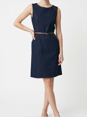 Sandra Darren Blue Denim Sleeveless Belted Sheath Dress Size 10 Pockets Zip